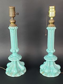 Pair of Deco Turquoise Reeded Porcelain Table Lamps