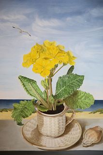 Phyllis Shetterly Still Life Acrylic on Masonite "Yellow Primrose in a China Cup with Seashell"