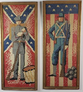 Pair of Vintage Civil War Pictorial Soldier and Flag Cross Stitch Needlework Souvenirs
