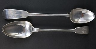 Pair of Anthony Burton Sheffield Silver Plated Fiddle Handle Serving Spoons, circa 1900