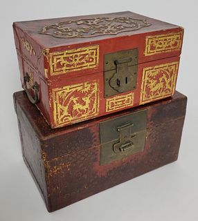 Two Antique 19th Century Chinese Miniature Leather Covered Boxes