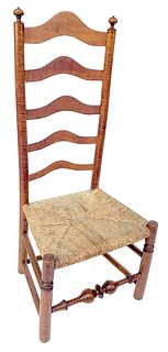 Antique New England Tiger Maple Sheraton Rush Seat Ladder Back Chair