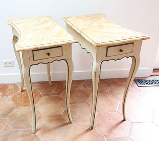 Pair of French Provincial Style Oxbow Faux Marble Top One Drawer Side Tables
