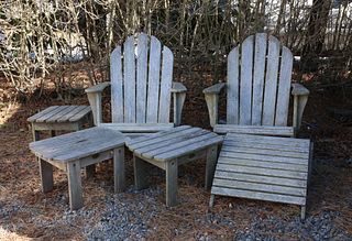Two Teakwood Adirondack Chairs, Ottoman and 3 Side Tables by Outdoor Classics
