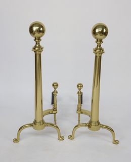 Pair of Tall Ball Top Brass Andirons