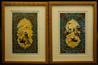 Pair of Persian Miniature Oils on Card "Ceremonial Rite"