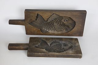 Two Japanese Carved Wood Fish Food Molds
