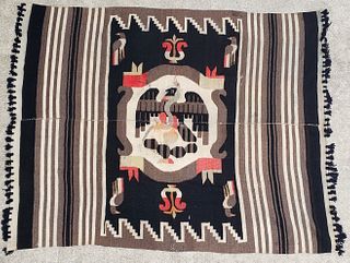 Vintage Mexican Pictorial Rug Navajo Style Wool Carpet