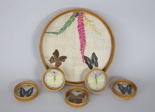 Six Piece Round Butterfly Drink Tray and Coaster Set