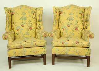 Pair of Contemporary Yellow Floral Upholstered Wing Chairs