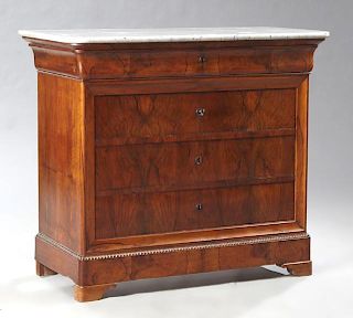 French Louis XVI Style Ormolu Mounted Carved Mahogany Marble Top Sideboard, 20th c., the bowed figured ogee edge white marble