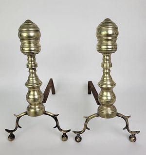 Pair of Period Brass Multi Turned Andirons, 19th Century