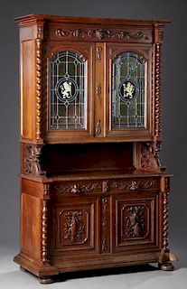 French Louis XVI Style Inlaid Ormolu Mounted Carved Mahogany Vitrine, 20th c., the canted corner top over a glazed door with 