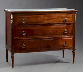 English Carved and Inlaid Figured Walnut Chest, 19th c., with an arrangement of two over three drawers, all with heavy brass 