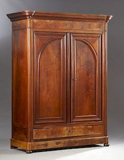 American Classical Carved Mahogany Sideboard, 19th c., the scrolled back splash over a rectangular top above three frieze dra
