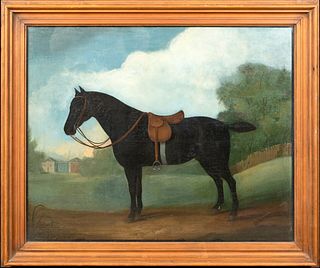 PORTRAIT OF A SADDLED BLACK HORSE IN A LANDSCAPE OIL PAINTING