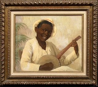 PORTRAIT OF AN AFRICAN AMERICAN BOY PLAYING OIL PAINTING