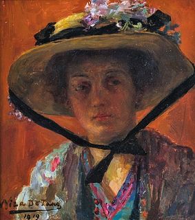 PORTRAIT OF A LADY IN A WIDE BRIM HAT OIL PAINTING