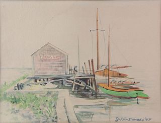 J. McDowell Nantucket Watercolor "Yerxas Boat Straight Wharf," circa 1947