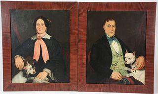 Pair of American Portraits of Woman and Gentleman Sitting With Their Pet Dogs