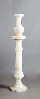 French Art Deco Carved Alabaster Pedestal and Vase
