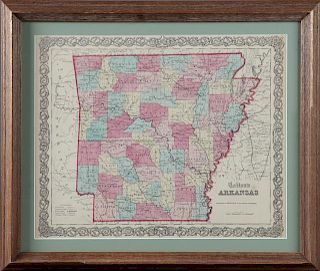 Colton's Map of Arkansas, 1855, hand-colored, fram