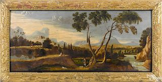 English oil on panel overmantel landscape, ca. 1800, 24'' x 50''.