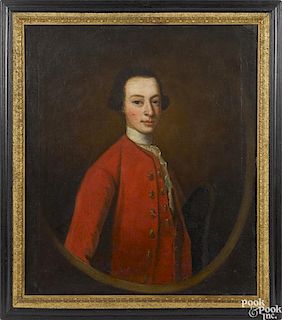 English oil on canvas portrait of a young man, early 19th c., 30'' x 25''.