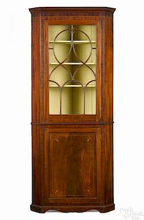 Diminutive George III mahogany corner cupboard, late 18th c., with line inlay, 79 1/2'' h., 32'' w.