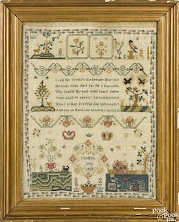 English silk on linen needlework, inscribed Matilda Sims 1810, with a trailing vine border