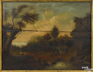 English oil on panel overmantel landscape, 19th c., 33'' x 43''. Provenance: Delaware collection.