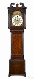 English mahogany tall case clock, ca. 1800, the eight-day works with a rocking ship movement