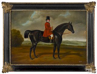 Contemporary oil on canvas portrait of a horse and rider, 19 1/2'' x 27 1/2''.