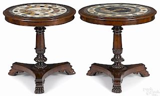 Pair of Italian mahogany center tables with mosaic tops, ca. 1830