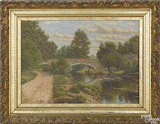 George Cope (American 1855-1929), oil on canvas river landscape with a bridge, signed lower left