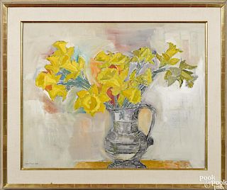 Hans Moller (American 1905-2000), oil on canvas still life of a pitcher of flowers, signed