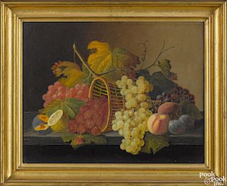 Severin Roesen (American 1815-1872), oil on wood panel still life of fruit and a basket