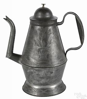 Bucks County, Pennsylvania tin wrigglework coffee pot, ca. 1850, stamped J. Ketterer