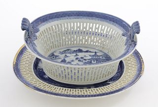 Canton Oval Reticulated Fruit Basket and Tray, late 18th Century
