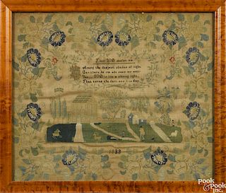 Pennsylvania silk on linen sampler, dated 1833, purportedly wrought by Elizabeth Strickler Crane