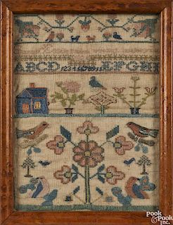 Pair of silk on linen samplers, dated 1824, wrought by Sarah Esstle, 10 1/2'' x 7 3/4''.