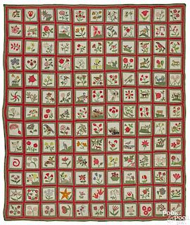 Important New York pieced and appliqué album quilt, ca. 1850, featuring 143 squares