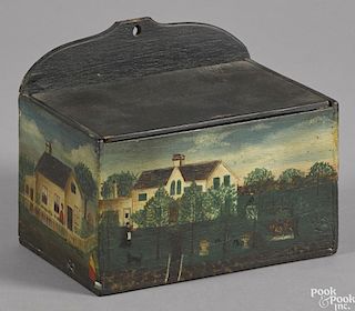 Painted walnut hanging box, early 20th c., the front decorated with a landscape and country home