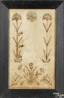 Pennsylvania pen and ink fraktur drawing, early 19th c., with potted flowers and tulips