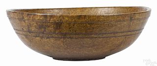 Large New England burl bowl, 19th c., with incised bands, 6 1/2'' h., 18 1/2'' dia.