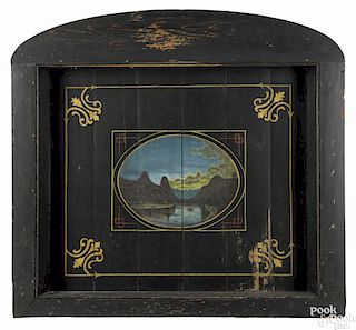 American painted pine fireboard, ca. 1860, with a central landscape vignette, 36 1/4'' x 39''.