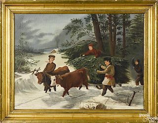 American oil on canvas winter landscape, 19th c., depicting a family hauling a Christmas tree