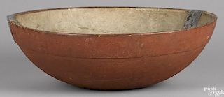 Large turned and painted bowl, 19th c., retaining an old red surface and make-do crack repair