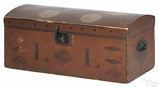Painted poplar dome lid box, dated 1818, initialed lower left