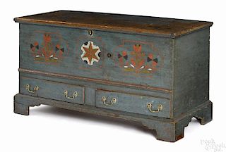 Pennsylvania painted pine dower chest, ca. 1800, the front decorated with stars and tulips